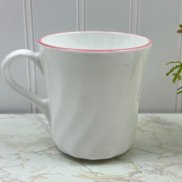 Set of 4 White Ceramic Coffee Mugs with Pink Rim 8oz Capacity Swirl Pattern - Picture 4 of 10